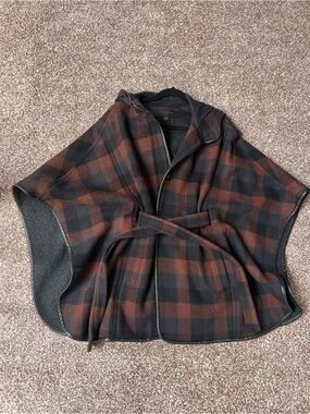 Coach Hooded Plaid Belted Cape Jacket - Black & Brown